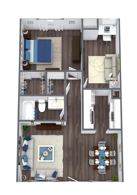 Floor plan for 1 bed, 1 bath, 758 sqft